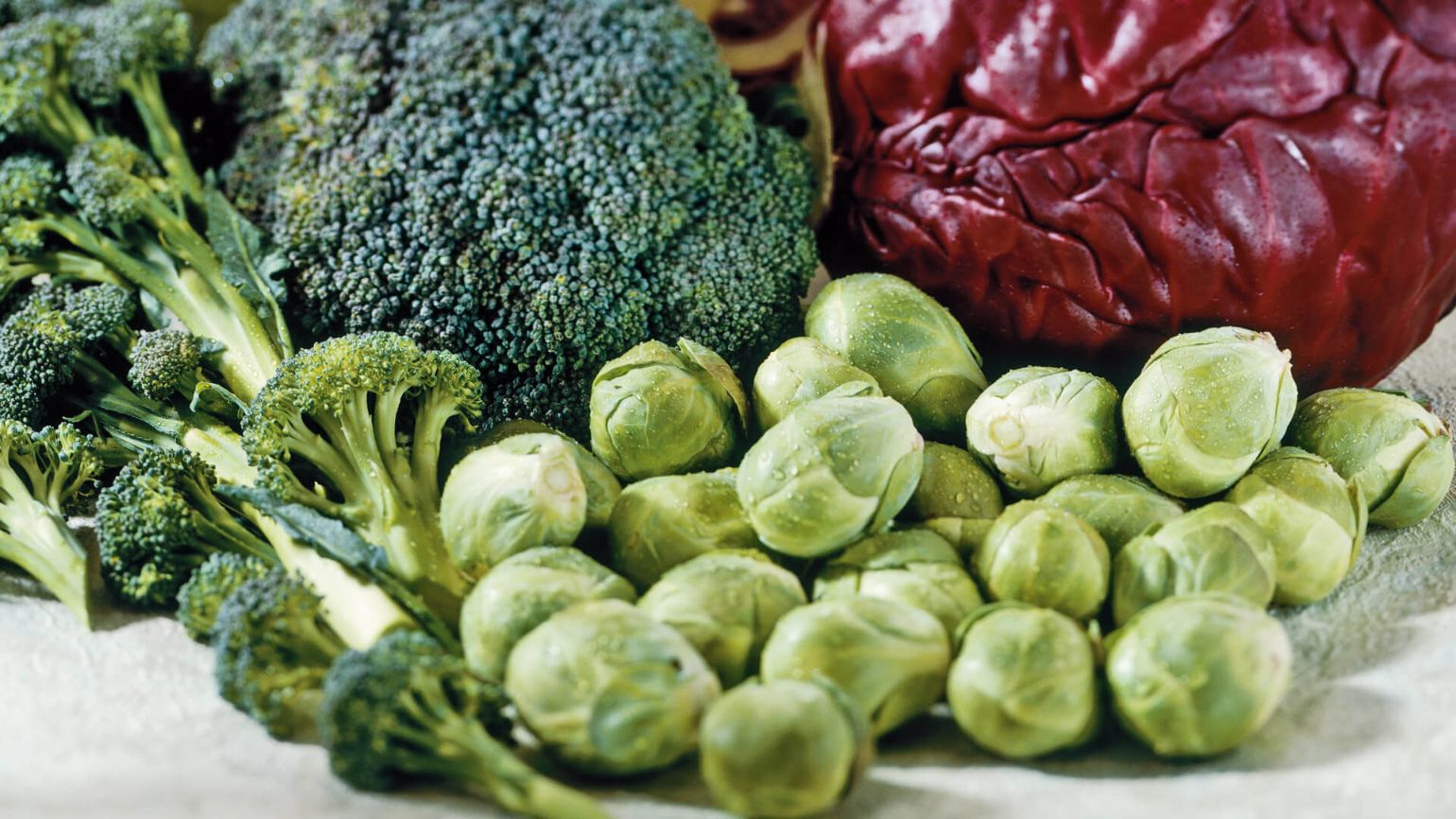 Brokkoli, Rosenkohl und Rotkohl nebeneinander auf einer Fläche arrangiert.